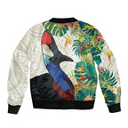 Cassowary Australia Sleeve Zip Bomber Jacket Tropical Flowers Mix Aboriginal Art