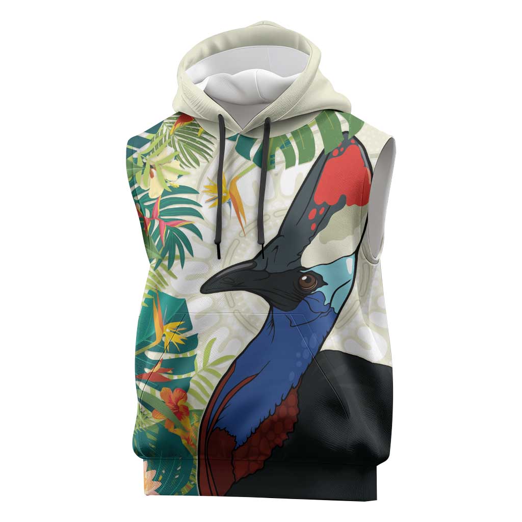 Cassowary Australia Sleeveless Hoodie Tropical Flowers Mix Aboriginal Art - Aussie Hoodie