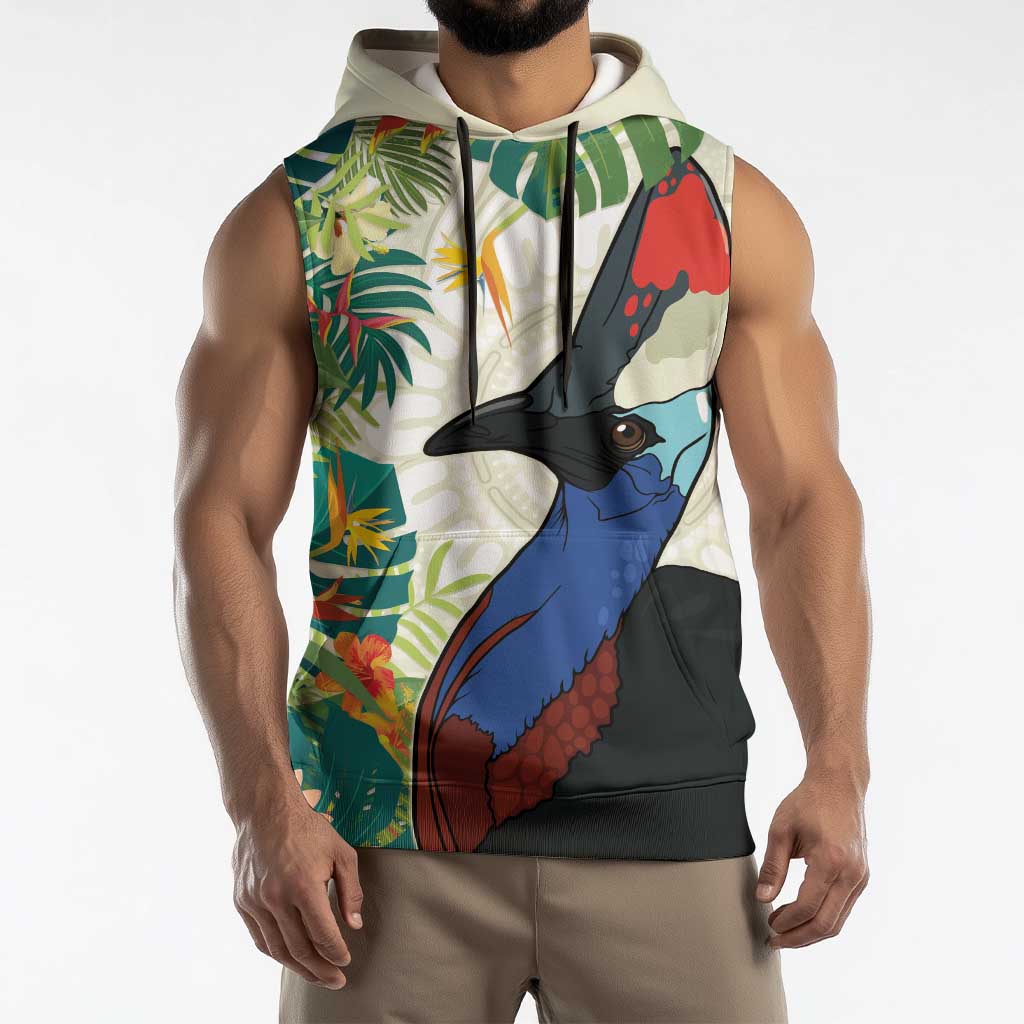Cassowary Australia Sleeveless Hoodie Tropical Flowers Mix Aboriginal Art - Aussie Hoodie