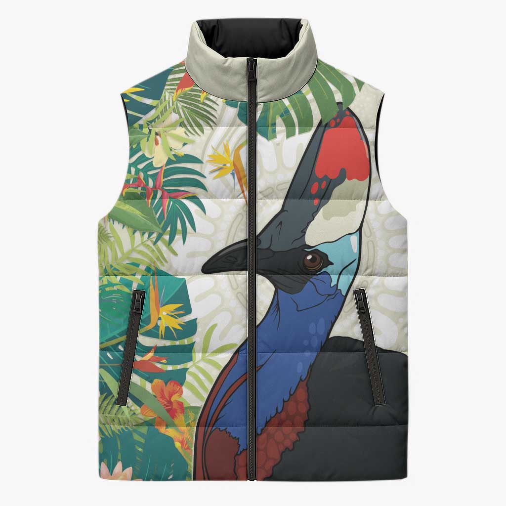 Cassowary Australia Sleeveless Puffer Jacket Tropical Flowers Mix Aboriginal Art - Aussie Hoodie