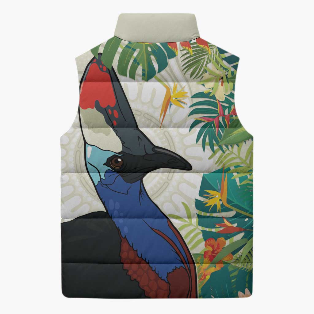 Cassowary Australia Sleeveless Puffer Jacket Tropical Flowers Mix Aboriginal Art - Aussie Hoodie