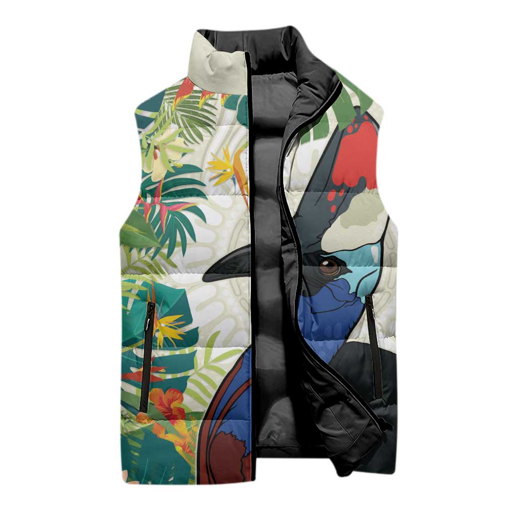 Cassowary Australia Sleeveless Puffer Jacket Tropical Flowers Mix Aboriginal Art - Aussie Hoodie