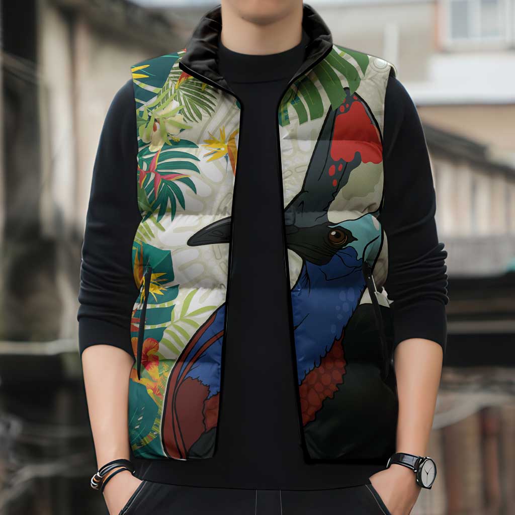 Cassowary Australia Sleeveless Puffer Jacket Tropical Flowers Mix Aboriginal Art - Aussie Hoodie