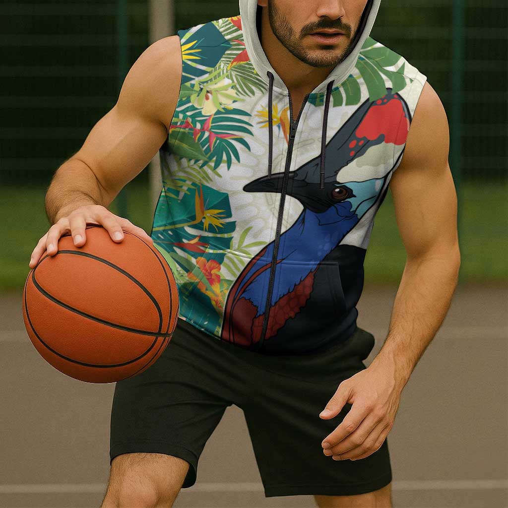 Cassowary Australia Sleeveless Zip Hoodie Tropical Flowers Mix Aboriginal Art LT14