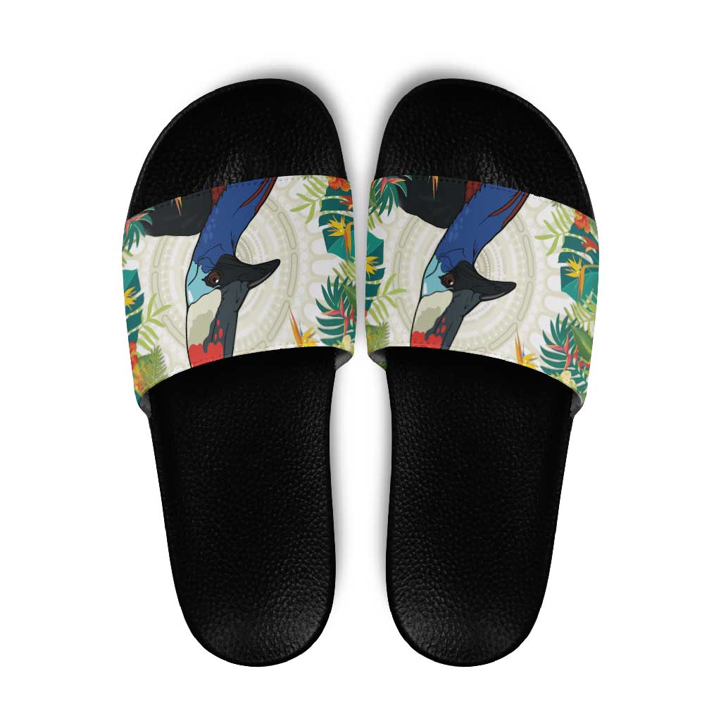 Cassowary Australia Slide Sandals Tropical Flowers Mix Aboriginal Art - Aussie Hoodie