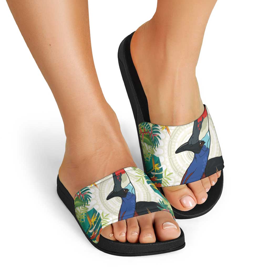 Cassowary Australia Slide Sandals Tropical Flowers Mix Aboriginal Art - Aussie Hoodie