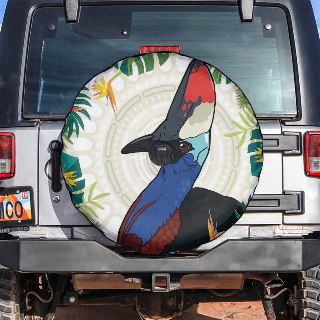 Cassowary Australia Spare Tire Cover Tropical Flowers Mix Aboriginal Art
