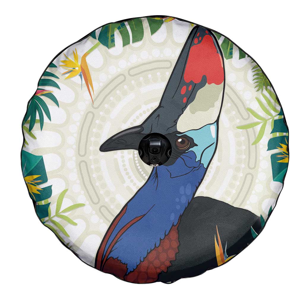 Cassowary Australia Spare Tire Cover Tropical Flowers Mix Aboriginal Art