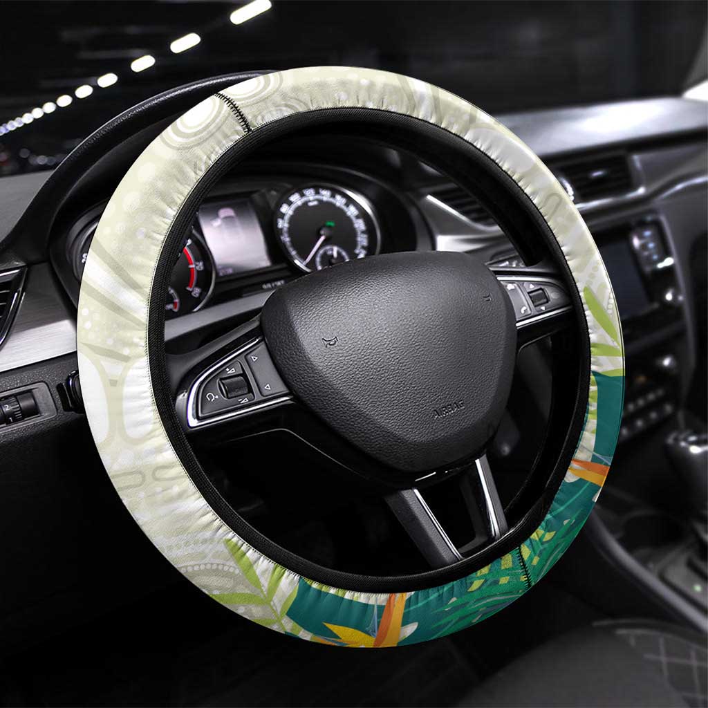 Cassowary Australia Steering Wheel Cover Tropical Flowers Mix Aboriginal Art