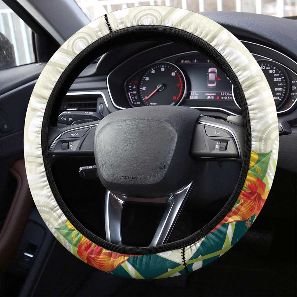 Cassowary Australia Steering Wheel Cover Tropical Flowers Mix Aboriginal Art