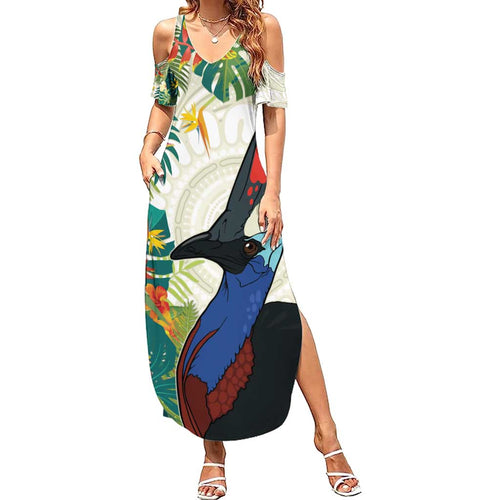 Cassowary Australia Summer Maxi Dress Tropical Flowers Mix Aboriginal Art