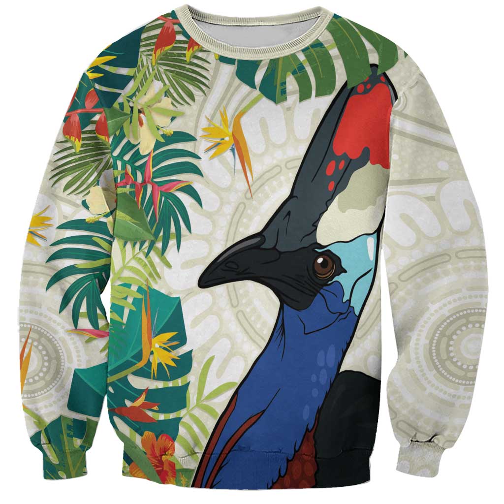 Cassowary Australia Sweatshirt Tropical Flowers Mix Aboriginal Art