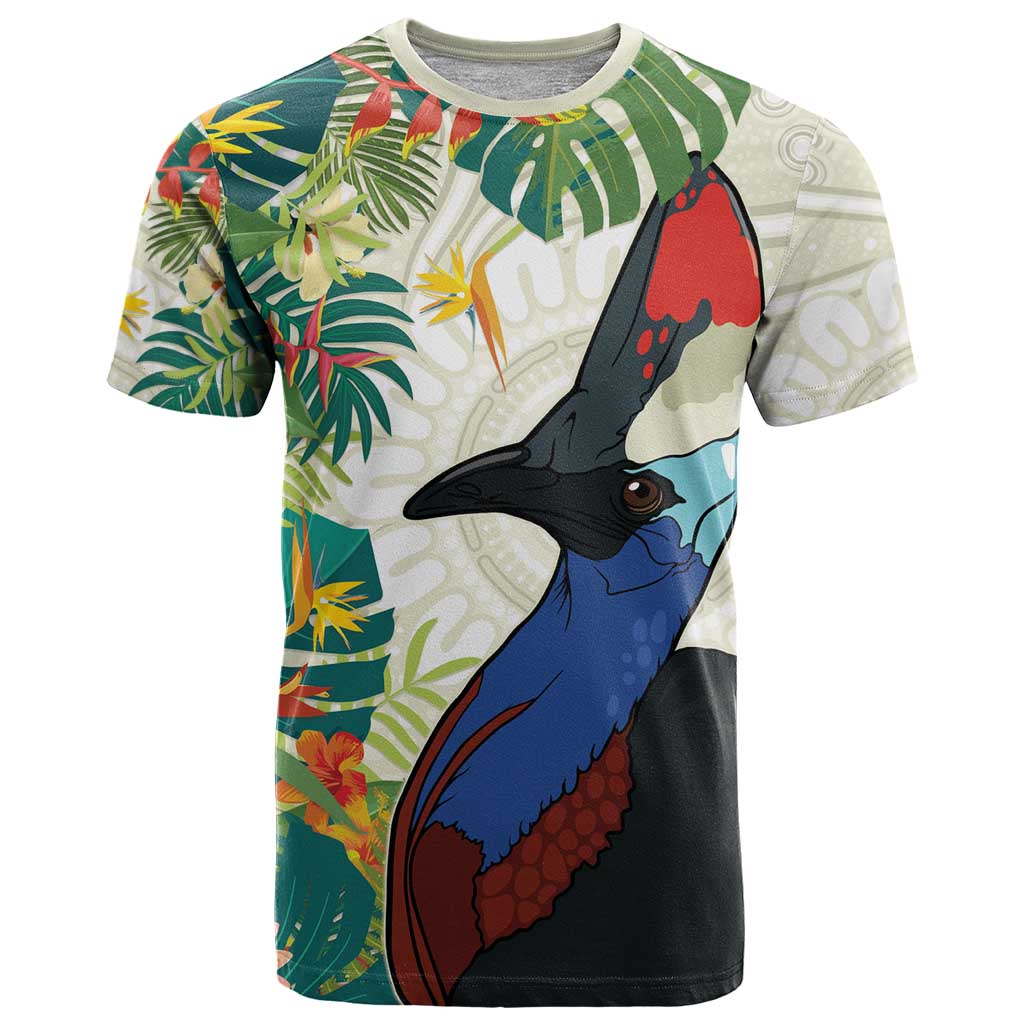 Cassowary Australia T Shirt Tropical Flowers Mix Aboriginal Art
