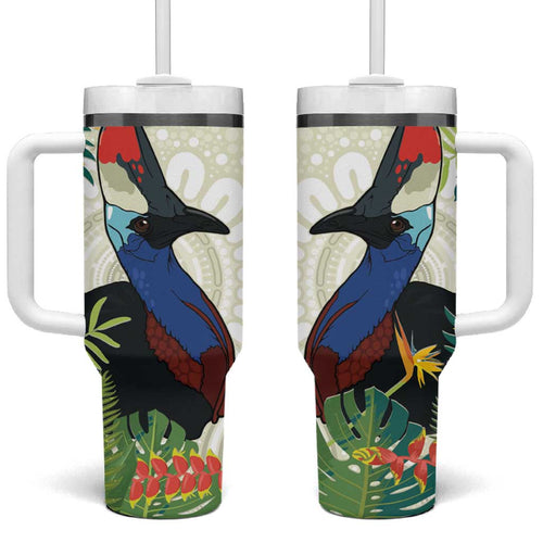 Cassowary Australia Tumbler With Handle Tropical Flowers Mix Aboriginal Art