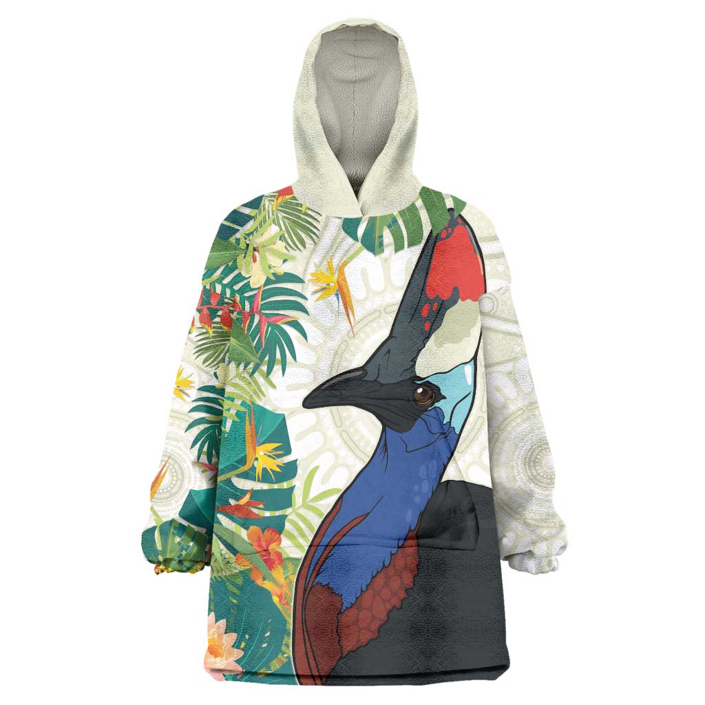 Cassowary Australia Wearable Blanket Hoodie Tropical Flowers Mix Aboriginal Art