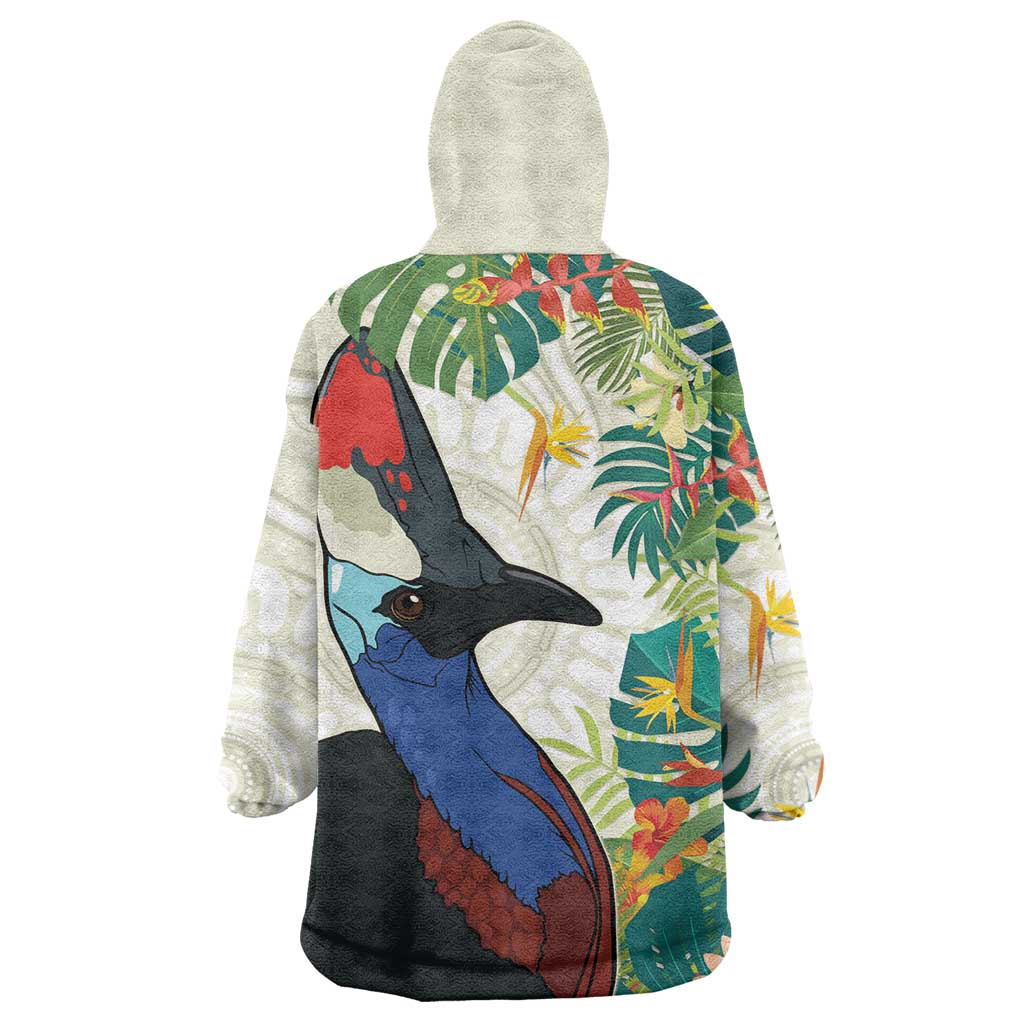 Cassowary Australia Wearable Blanket Hoodie Tropical Flowers Mix Aboriginal Art