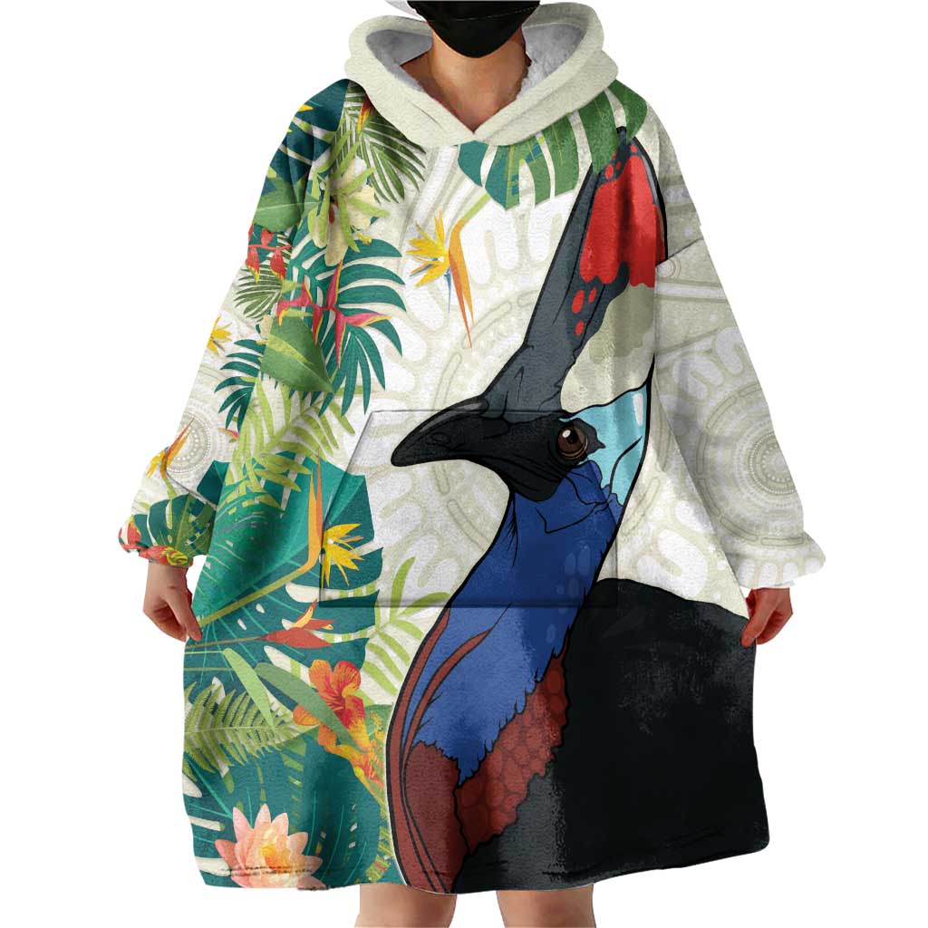 Cassowary Australia Wearable Blanket Hoodie Tropical Flowers Mix Aboriginal Art
