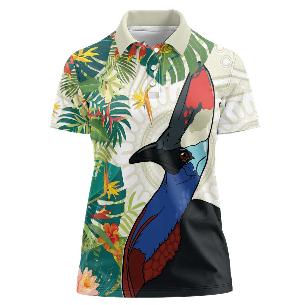 Cassowary Australia Women Polo Shirt Tropical Flowers Mix Aboriginal Art