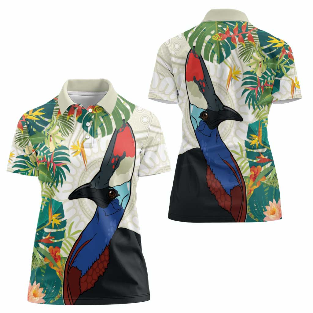 Cassowary Australia Women Polo Shirt Tropical Flowers Mix Aboriginal Art
