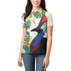 Cassowary Australia Women Polo Shirt Tropical Flowers Mix Aboriginal Art