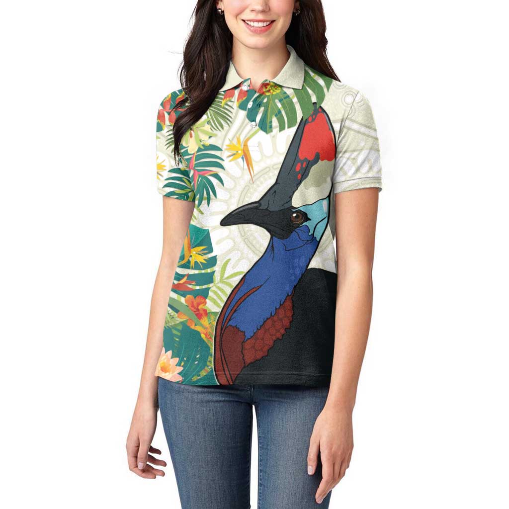 Cassowary Australia Women Polo Shirt Tropical Flowers Mix Aboriginal Art