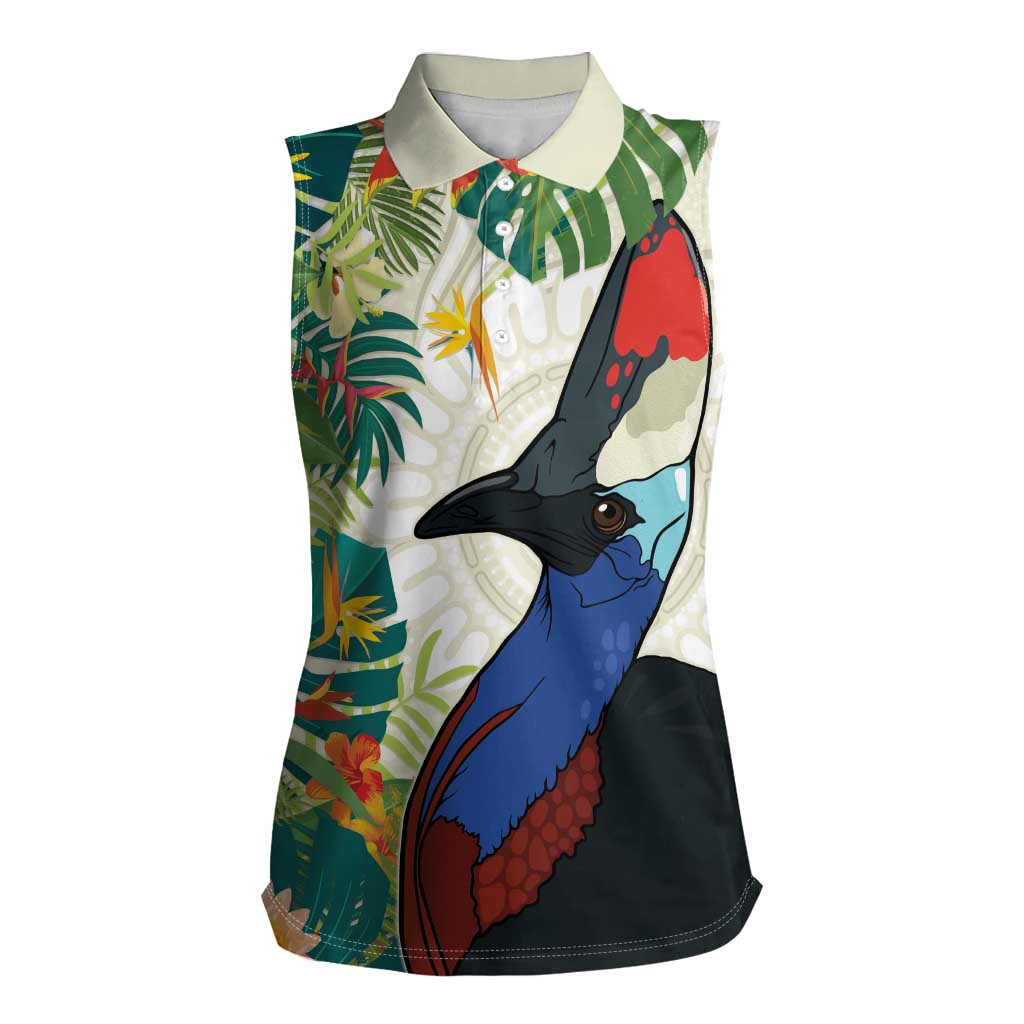 Cassowary Australia Women Sleeveless Polo Shirt Tropical Flowers Mix Aboriginal Art
