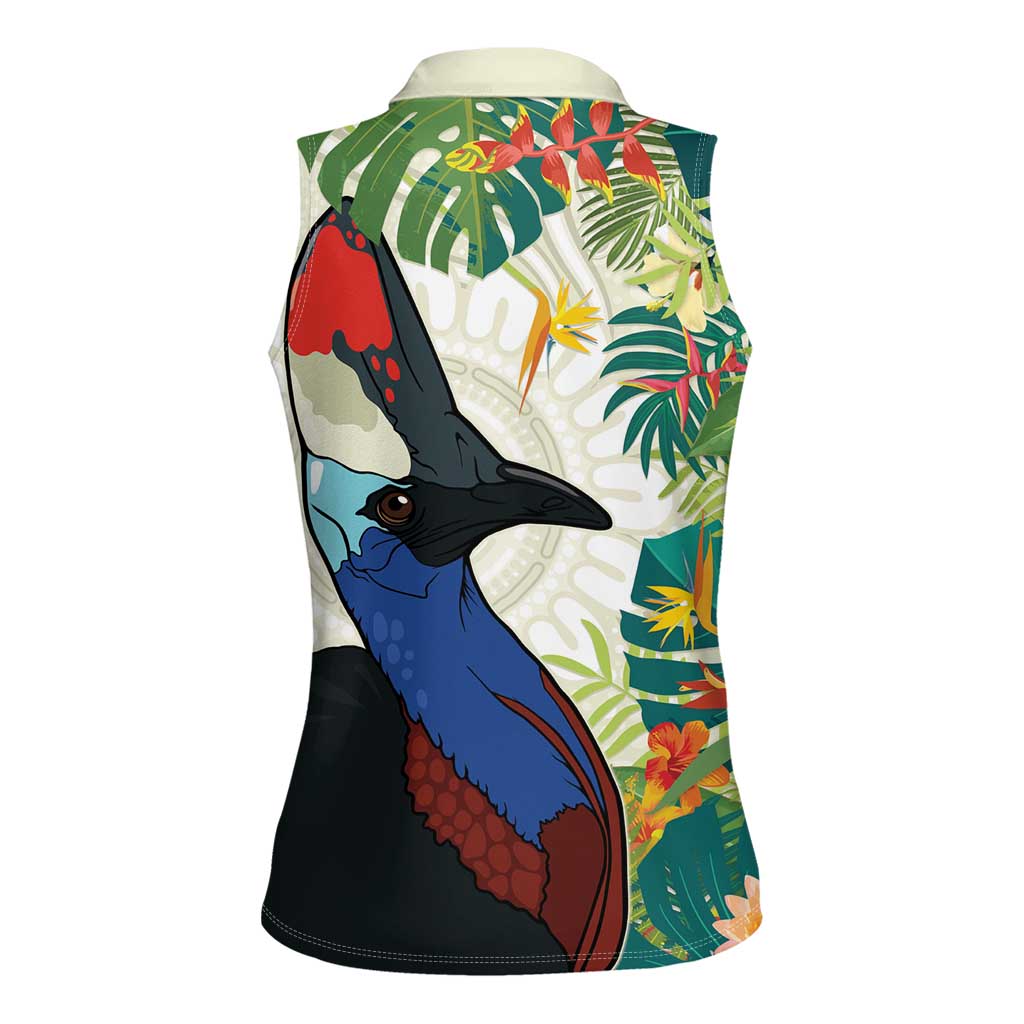 Cassowary Australia Women Sleeveless Polo Shirt Tropical Flowers Mix Aboriginal Art