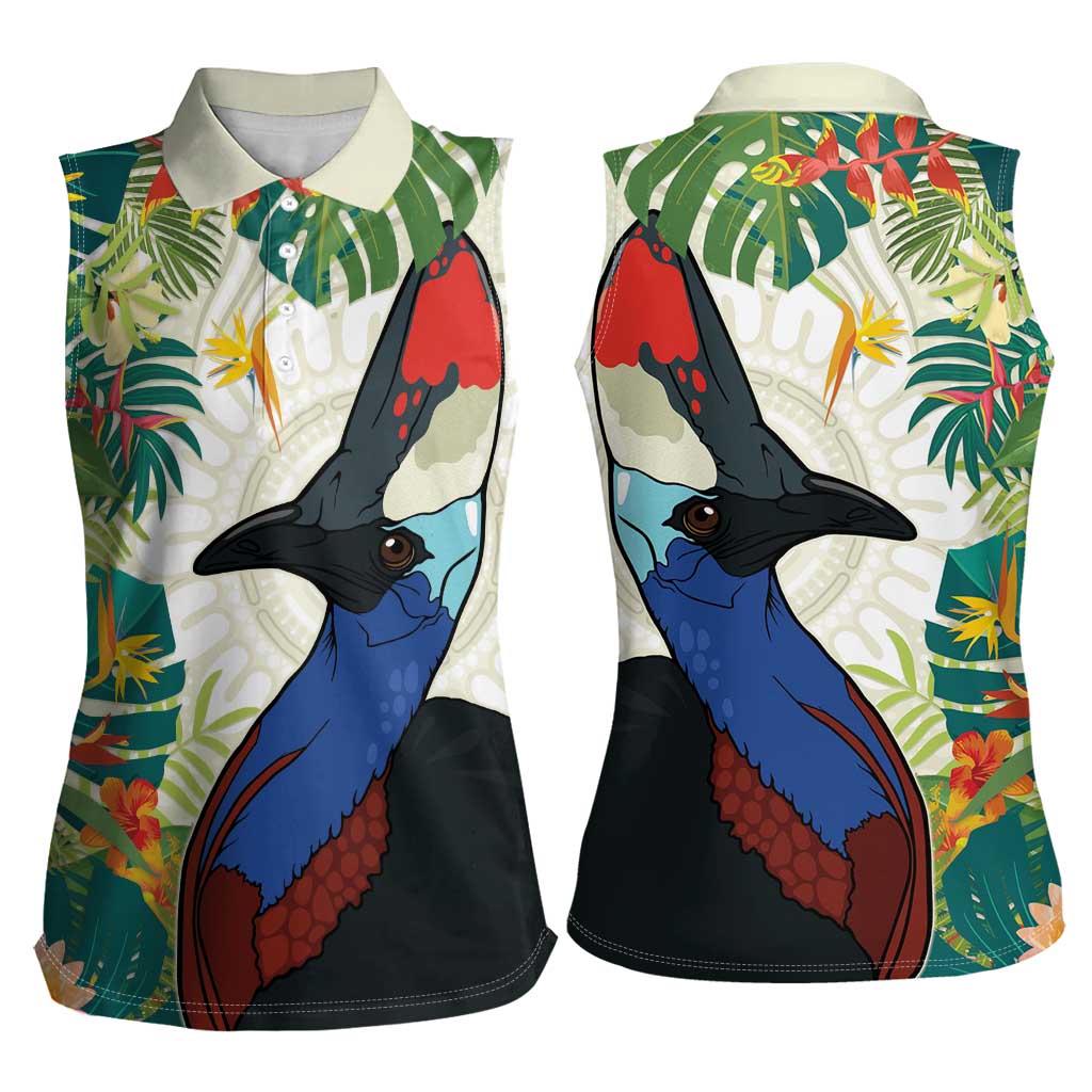 Cassowary Australia Women Sleeveless Polo Shirt Tropical Flowers Mix Aboriginal Art