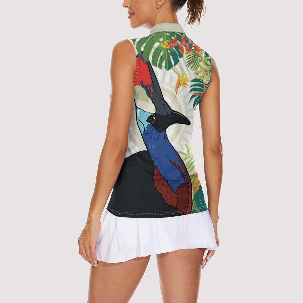 Cassowary Australia Women Sleeveless Polo Shirt Tropical Flowers Mix Aboriginal Art