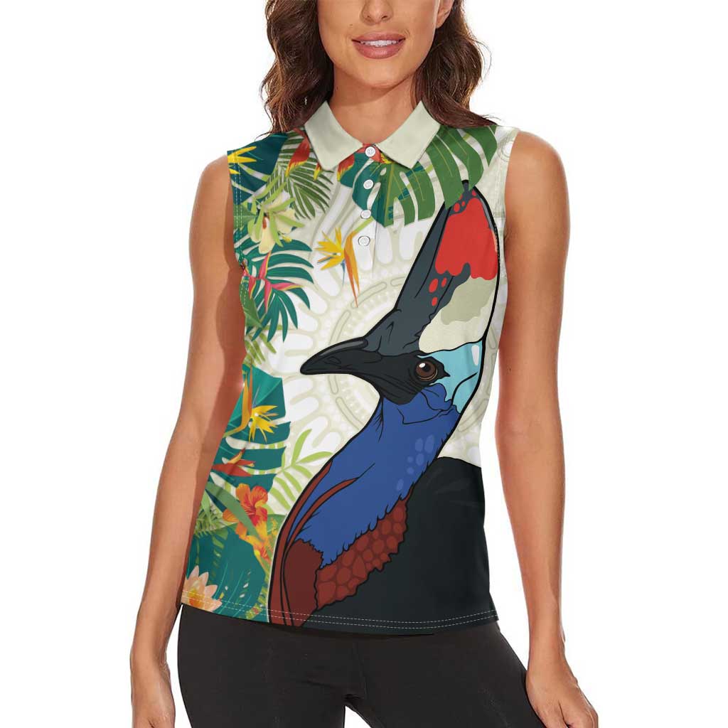 Cassowary Australia Women Sleeveless Polo Shirt Tropical Flowers Mix Aboriginal Art