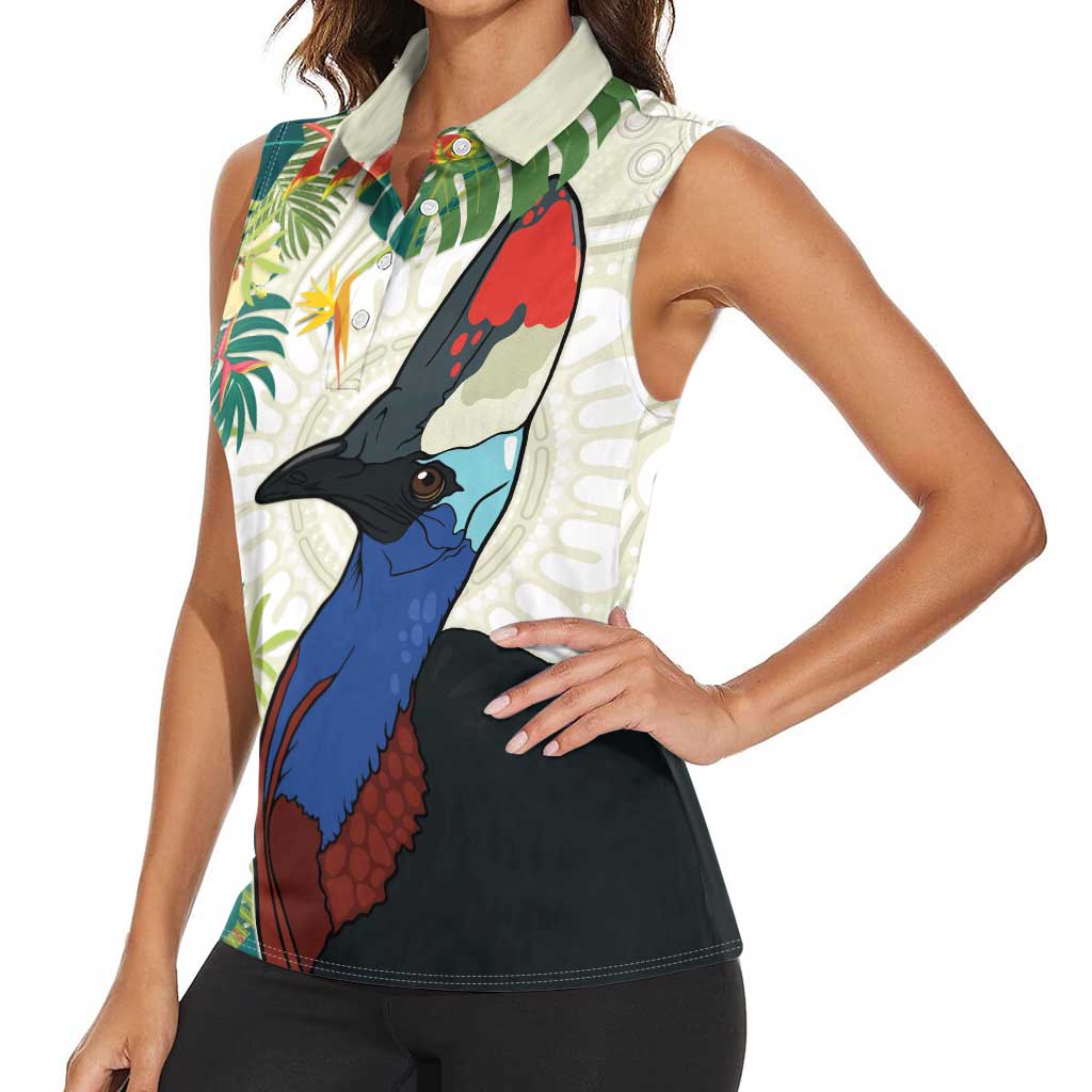 Cassowary Australia Women Sleeveless Polo Shirt Tropical Flowers Mix Aboriginal Art