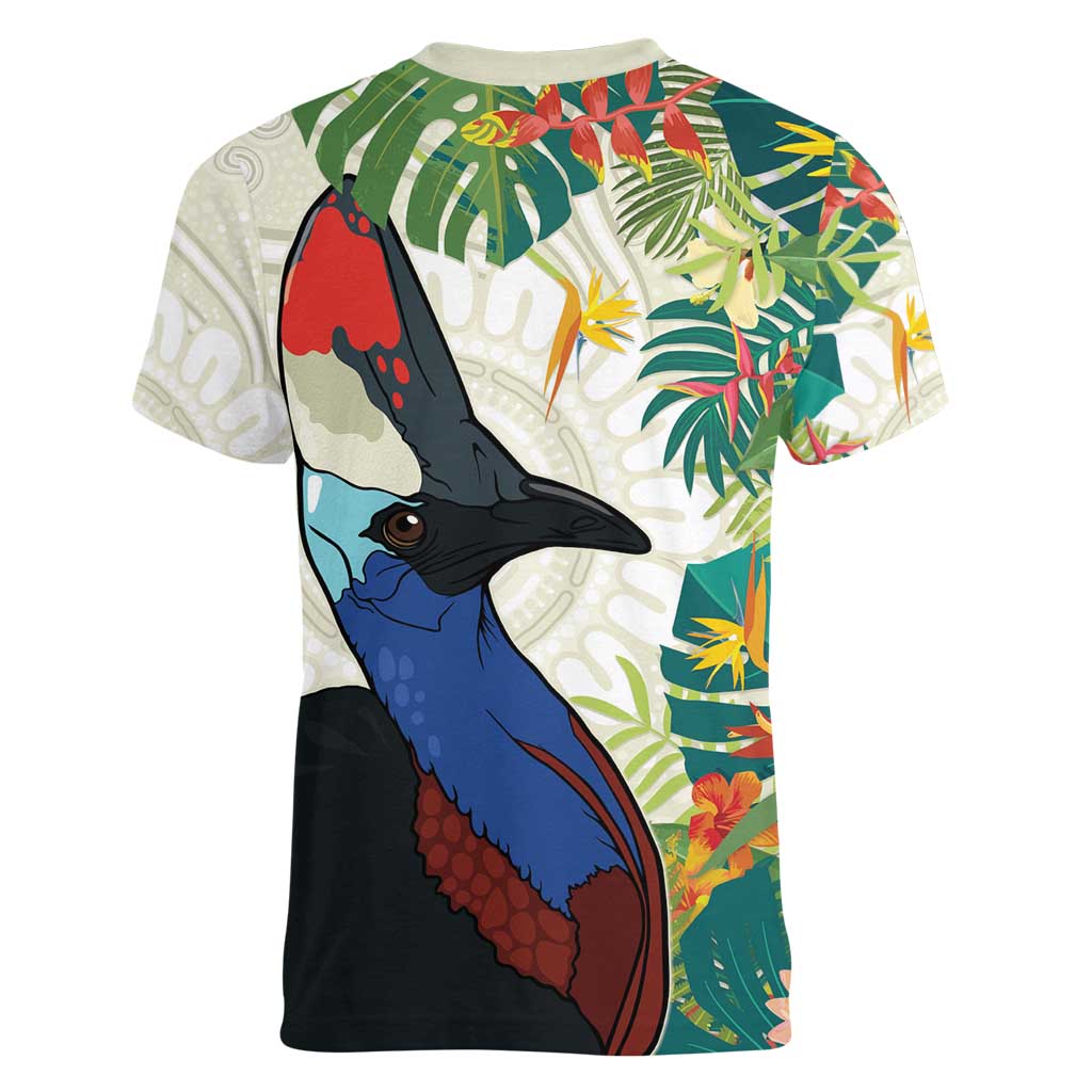 Cassowary Australia Women V-Neck T-Shirt Tropical Flowers Mix Aboriginal Art