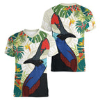 Cassowary Australia Women V-Neck T-Shirt Tropical Flowers Mix Aboriginal Art