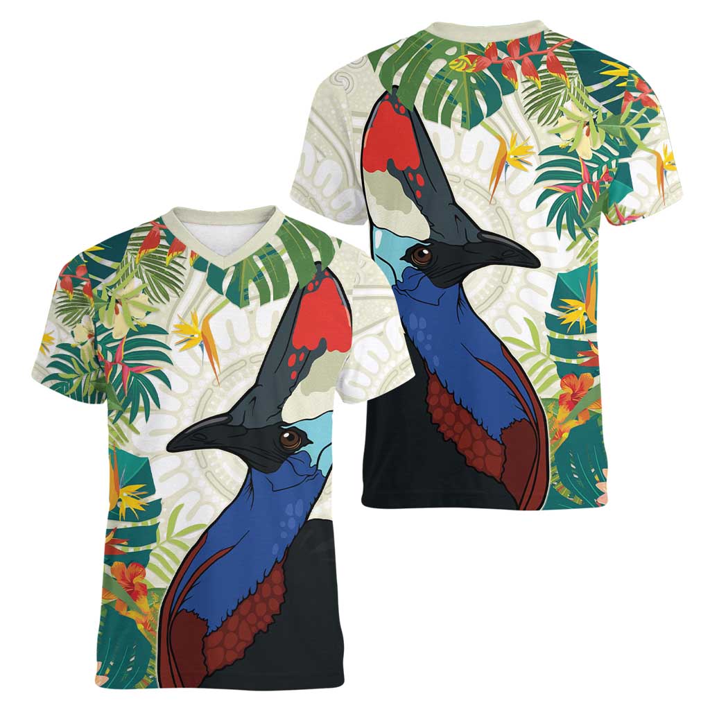 Cassowary Australia Women V-Neck T-Shirt Tropical Flowers Mix Aboriginal Art