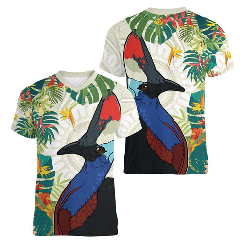 Cassowary Australia Women V-Neck T-Shirt Tropical Flowers Mix Aboriginal Art