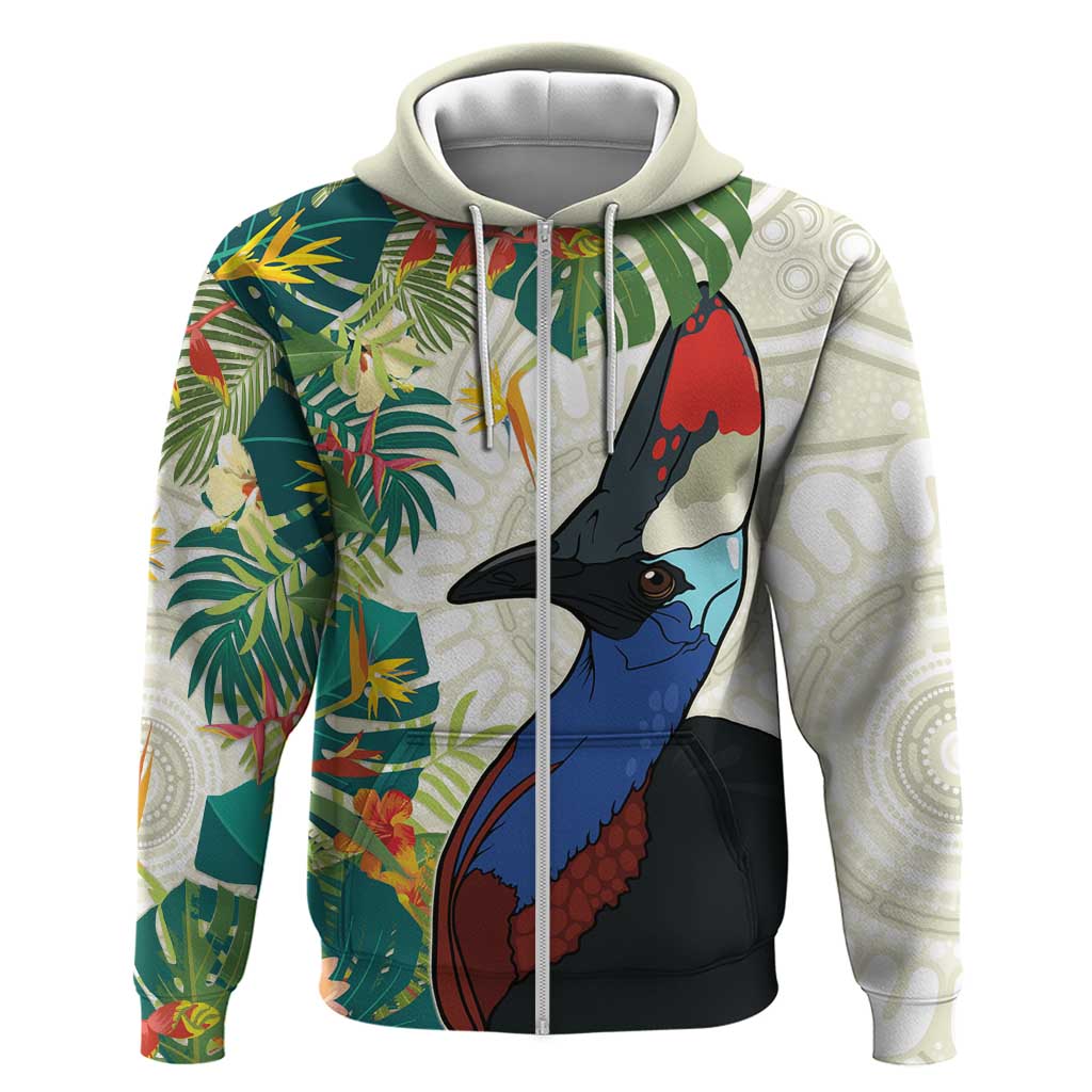 Cassowary Australia Zip Hoodie Tropical Flowers Mix Aboriginal Art