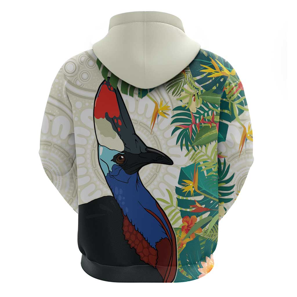 Cassowary Australia Zip Hoodie Tropical Flowers Mix Aboriginal Art