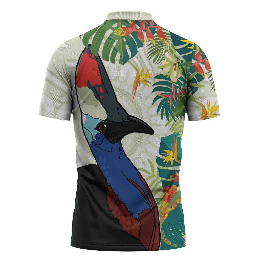 Cassowary Australia Zipper Polo Shirt Tropical Flowers Mix Aboriginal Art - Aussie Hoodie
