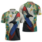Cassowary Australia Zipper Polo Shirt Tropical Flowers Mix Aboriginal Art - Aussie Hoodie