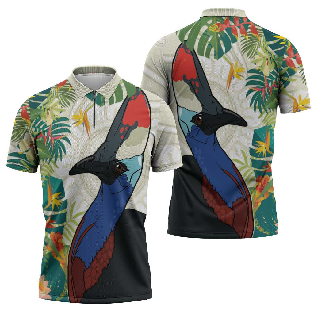 Cassowary Australia Zipper Polo Shirt Tropical Flowers Mix Aboriginal Art - Aussie Hoodie
