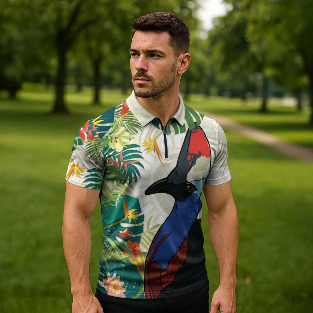 Cassowary Australia Zipper Polo Shirt Tropical Flowers Mix Aboriginal Art - Aussie Hoodie