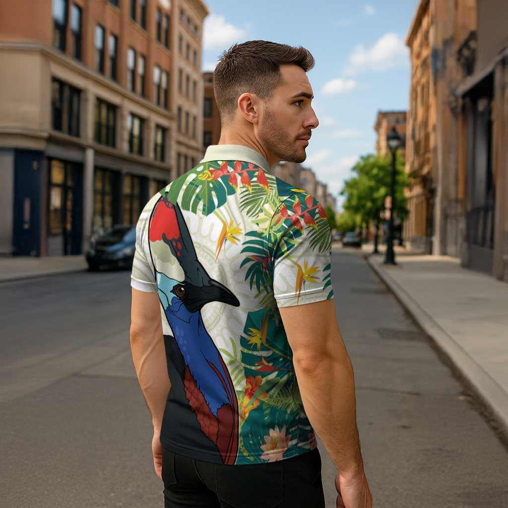 Cassowary Australia Zipper Polo Shirt Tropical Flowers Mix Aboriginal Art - Aussie Hoodie