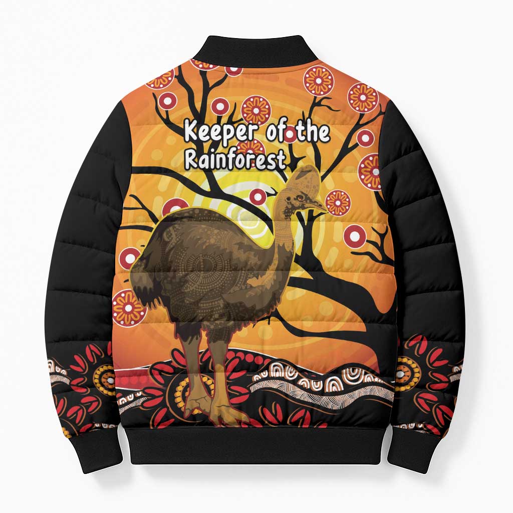 Keeper Of The Rainforest Cassowary Bomber Puffer Jacket Aboriginal Art - Aussie Hoodie