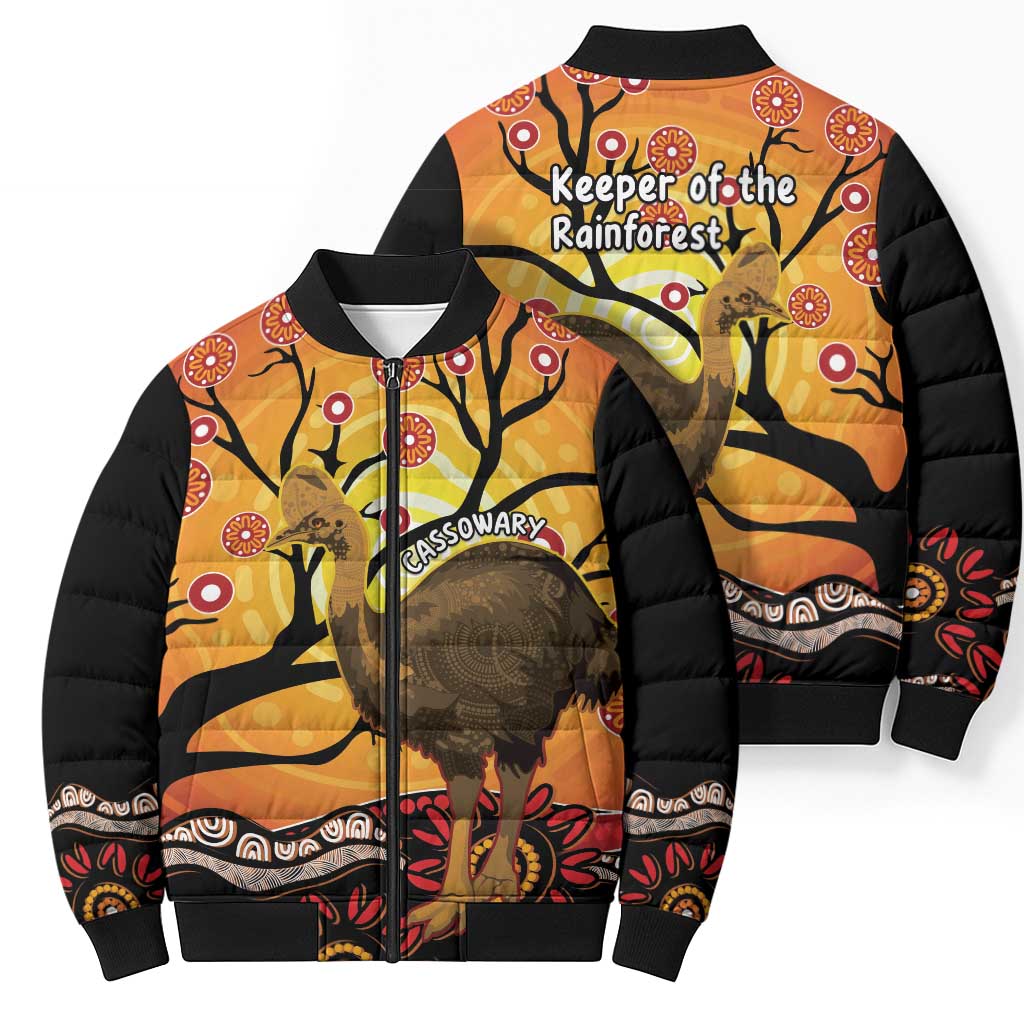 Keeper Of The Rainforest Cassowary Bomber Puffer Jacket Aboriginal Art - Aussie Hoodie