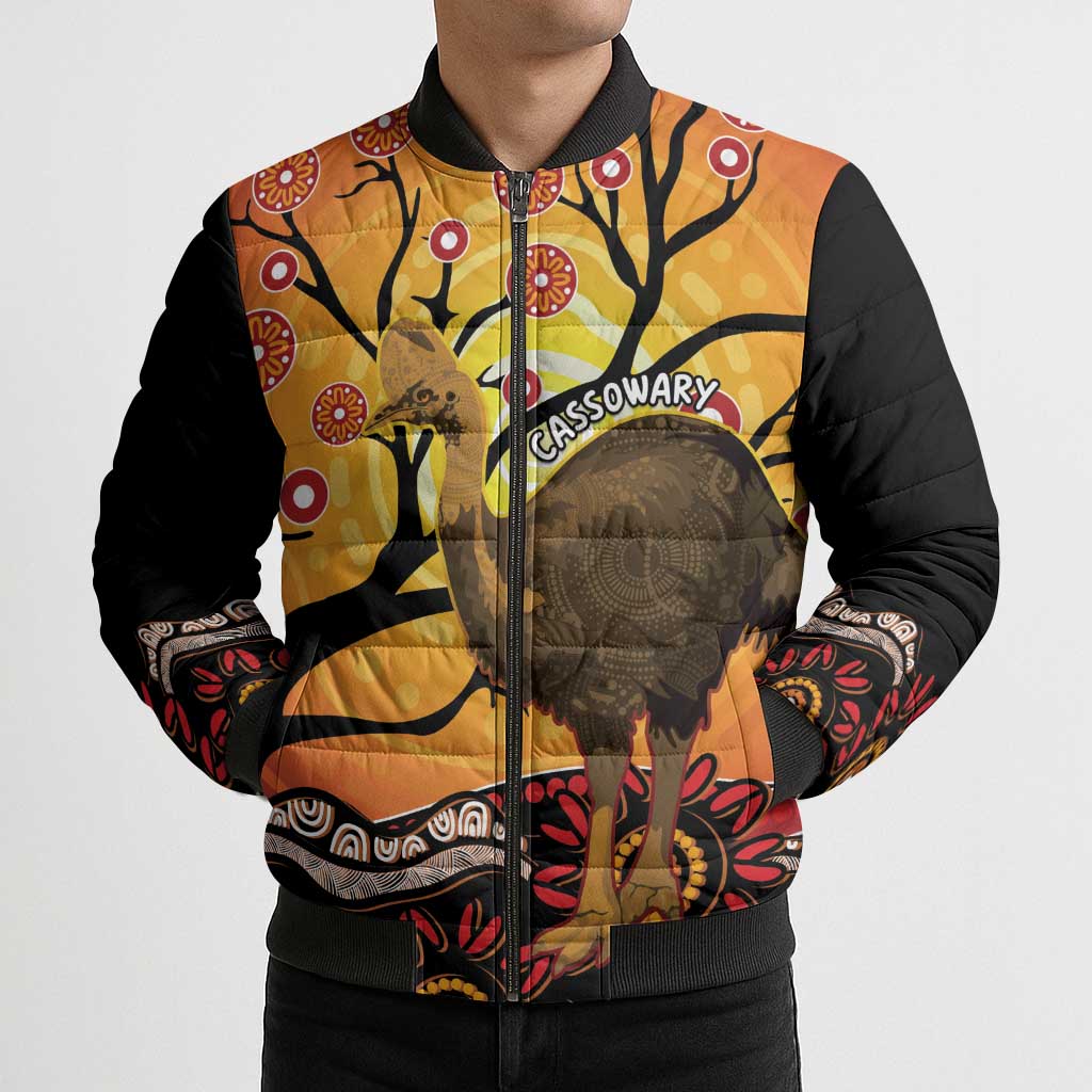 Keeper Of The Rainforest Cassowary Bomber Puffer Jacket Aboriginal Art - Aussie Hoodie