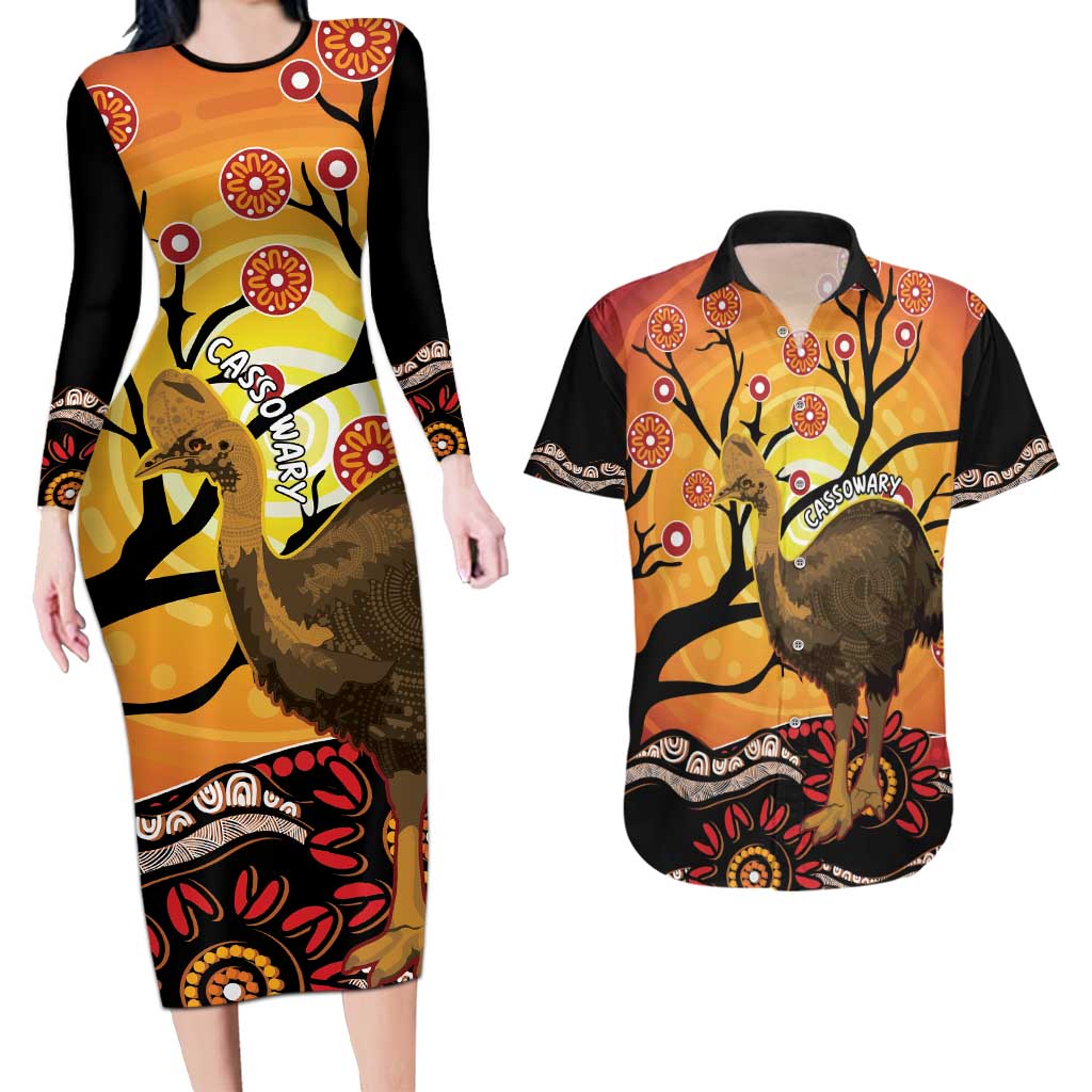 Keeper Of The Rainforest Cassowary Couples Matching Long Sleeve Bodycon Dress and Hawaiian Shirt Aboriginal Art