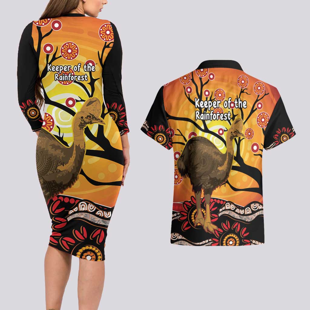 Keeper Of The Rainforest Cassowary Couples Matching Long Sleeve Bodycon Dress and Hawaiian Shirt Aboriginal Art