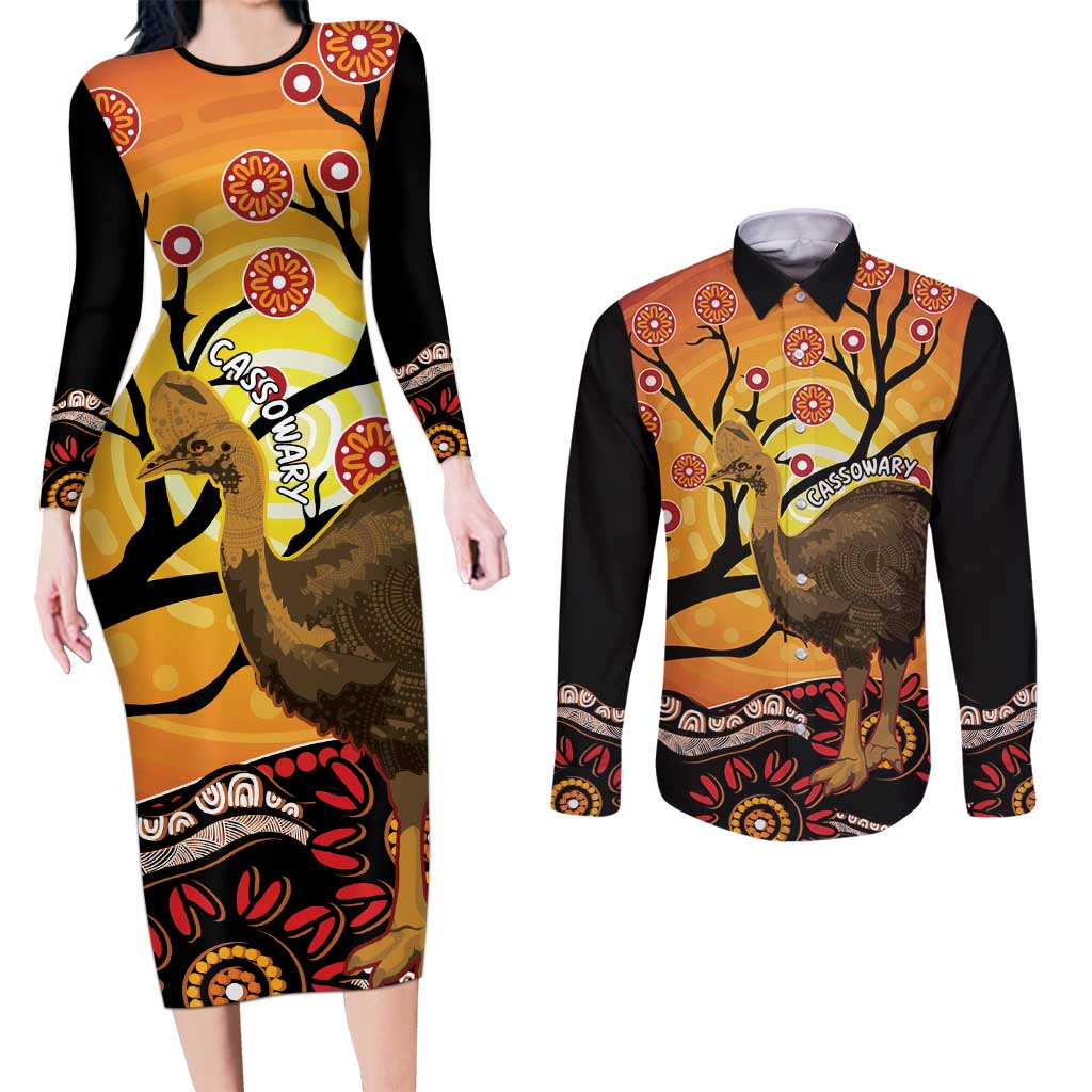 Keeper Of The Rainforest Cassowary Couples Matching Long Sleeve Bodycon Dress and Long Sleeve Button Shirt Aboriginal Art