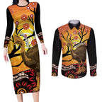 Keeper Of The Rainforest Cassowary Couples Matching Long Sleeve Bodycon Dress and Long Sleeve Button Shirt Aboriginal Art