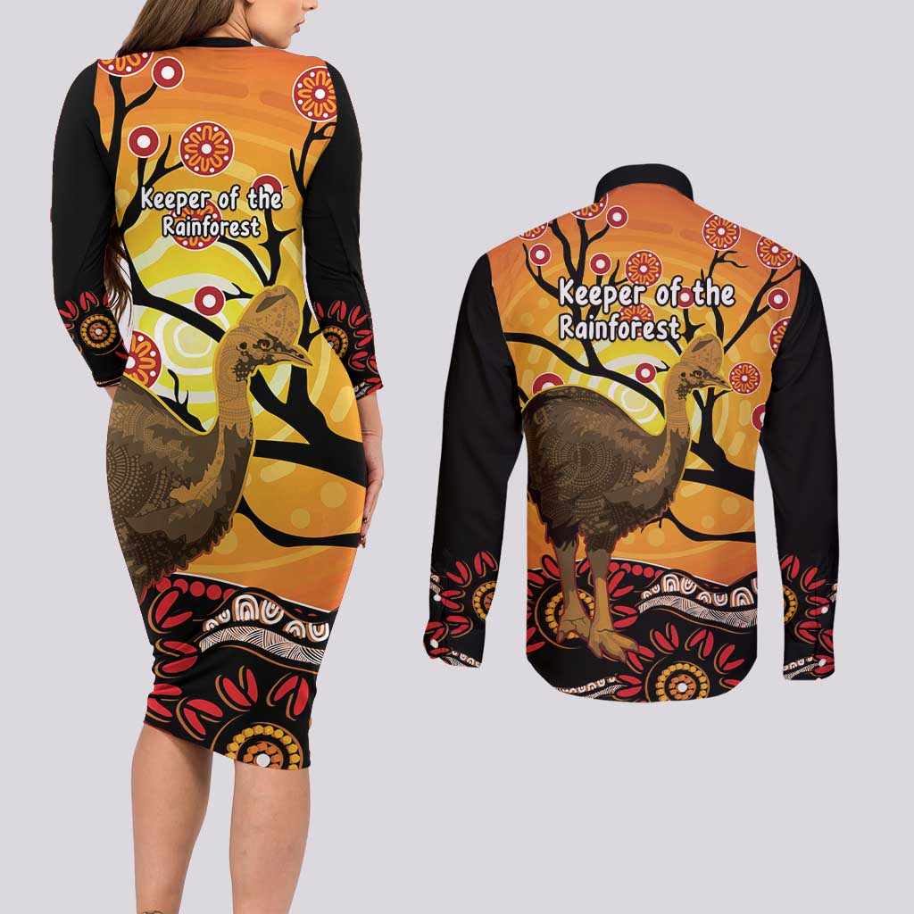 Keeper Of The Rainforest Cassowary Couples Matching Long Sleeve Bodycon Dress and Long Sleeve Button Shirt Aboriginal Art